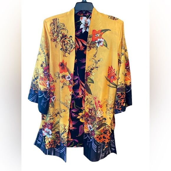Japanese Designed Reversible Black Yellow Floral Glamorous Kimono Duster Jacket - Picture 1 of 9